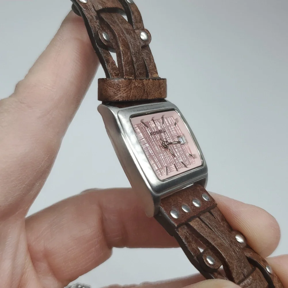 Fossil Watch JR8843 Pink Face Brown Woven Leather Band NWOT